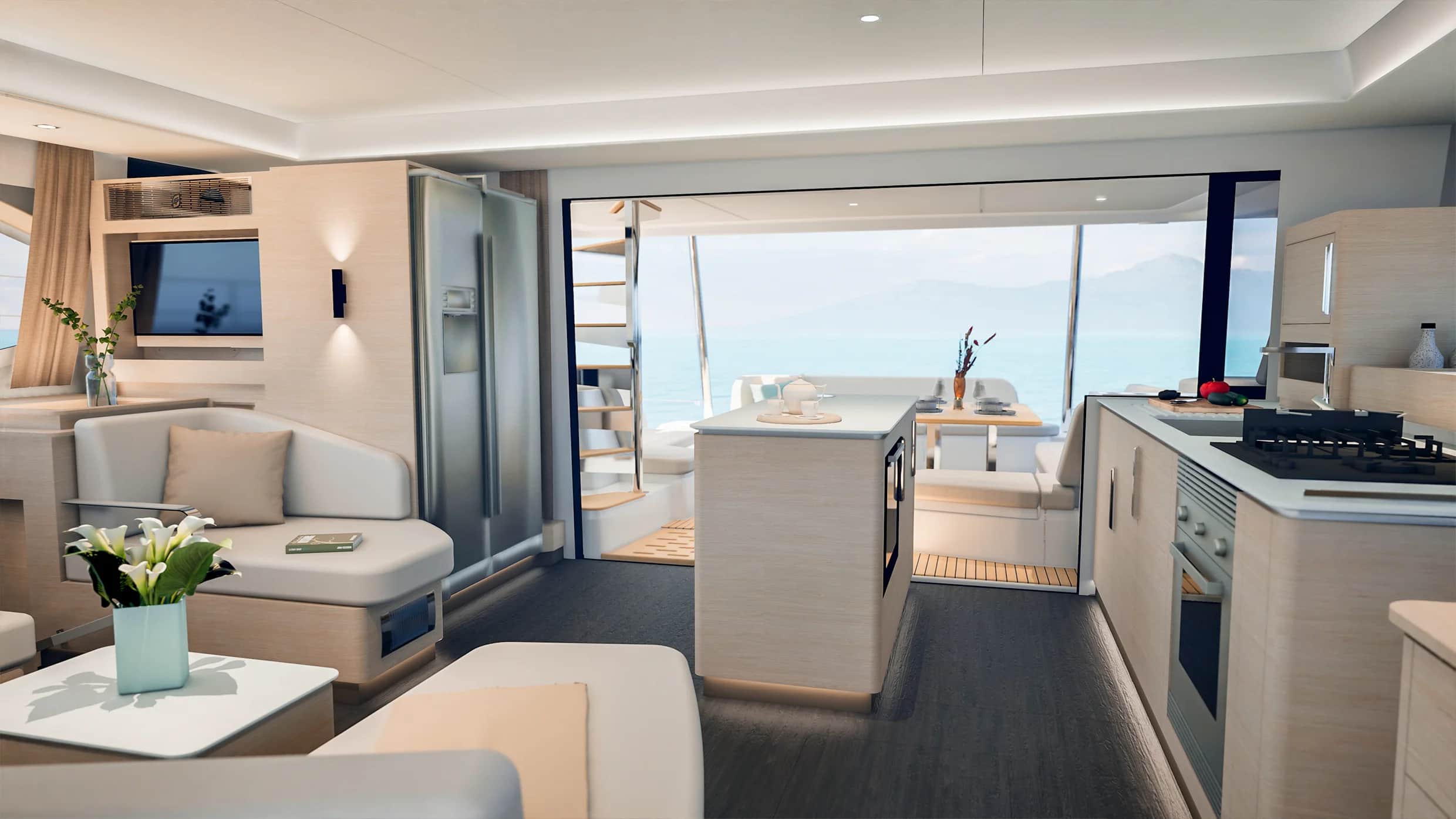 Nouveau Fountaine Pajot FP 55, un intérieur baigné de soleil avec un confort de vie sans compromis